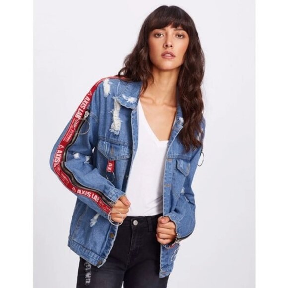 Axis Lab Distressed Ripped Denim Jacket w/Accent Zippers Size Large - Picture 2 of 16